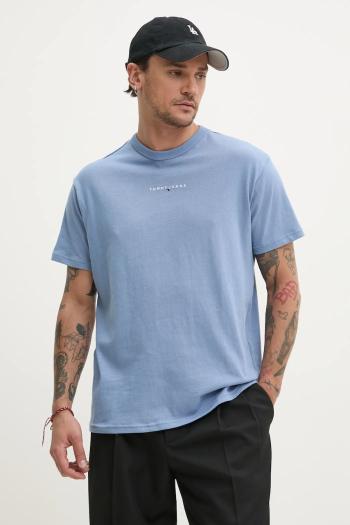 Bavlnené tričko Tommy Jeans pánske, béžová farba, s nášivkou, DM0DM21110