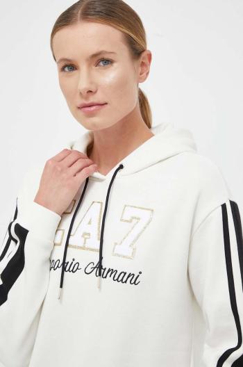 Mikina EA7 Emporio Armani dámska, béžová farba, s kapucňou, s nášivkou