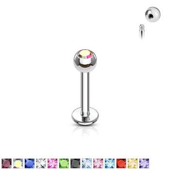 Labret tenký s guličkovým zakončením so zirkónom, 1,2 mm - Rozmer: 1,2 mm x 8 mm x 4 mm, Farba zirkónu: Číra - C