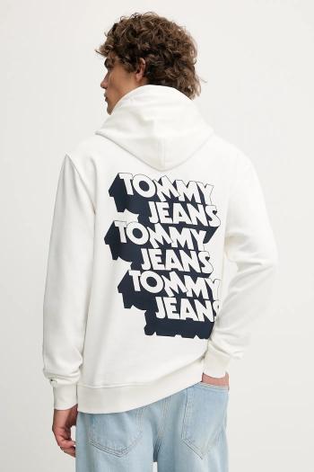 Bavlnená mikina Tommy Jeans biela farba, s kapucňou, s potlačou, DM0DM21625