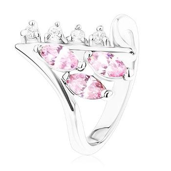 Lesklý prsteň striebornej farby, zahnuté konce ramien, číre a ružové zirkóny - Veľkosť: 58 mm