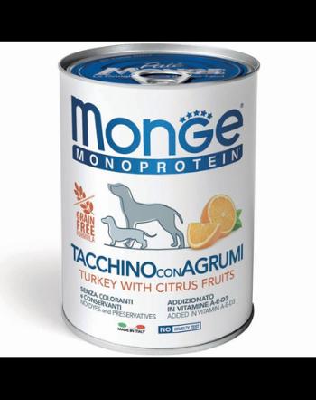 MONGE Monoprotein, hrana umeda pentru caini cu curcan, orez si portocale, 400 g