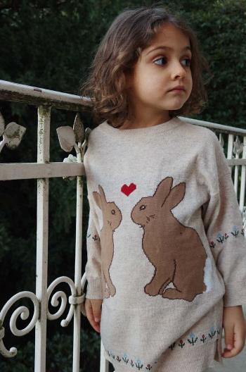 Dievčenské šaty s prímesou vlny Konges Sløjd ELI KNIT DRESS béžová farba, mini, rovný strih, KS101494