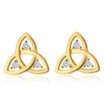 Náušnice zo žltého 375 zlata - symbol Triquetra, zirkóniky čírej farby