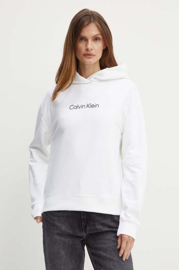 Bavlnená mikina Calvin Klein dámska, biela farba, s kapucňou, s potlačou, K20K205449