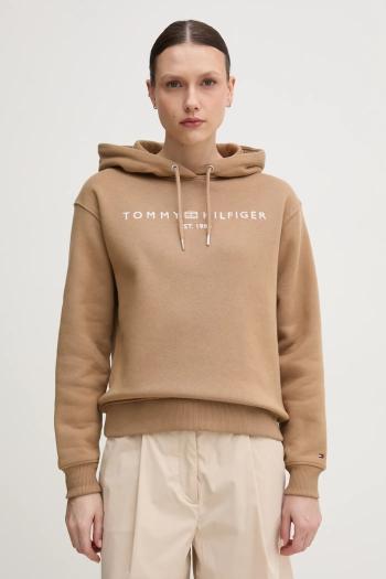 Mikina Tommy Hilfiger dámska, hnedá farba, s kapucňou, s nášivkou, WW0WW43598