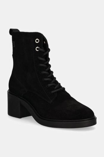 Semišové topánky Tommy Hilfiger SUEDE MID HEEL LACEUP LOGOTAPE dámske, čierna farba, na podpätku, FW0FW08090