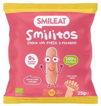 SMILEAT Organic Kukuričné chrumky Smilitos s jahodovou a banánovou príchuťou 25 g