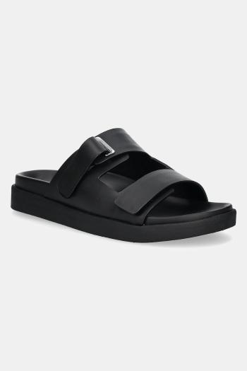 Kožené šľapky Calvin Klein FLAT ADJ SLIDE EYELET dámske, čierna farba, HW0HW02489