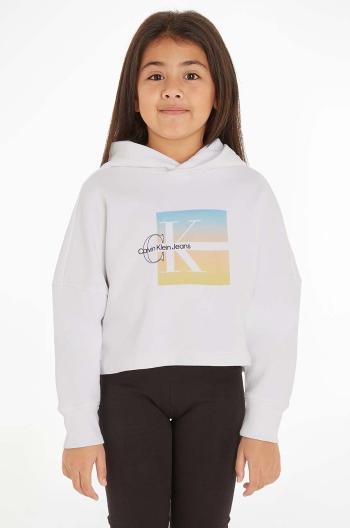Detská bavlnená mikina Calvin Klein Jeans biela farba, s kapucňou, s potlačou