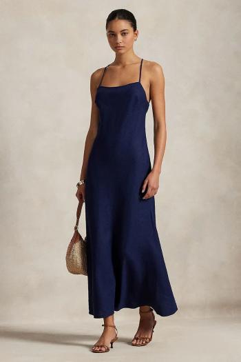 Ľanové šaty Polo Ralph Lauren tmavomodrá farba, maxi, áčkový strih, 211965858