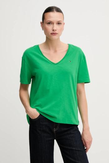 Bavlnené tričko Tommy Hilfiger dámske, zelená farba, WW0WW43901