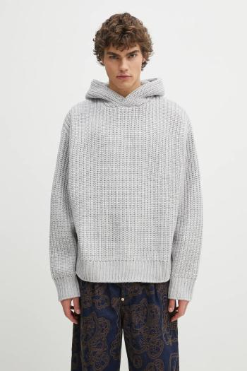 Sveter s prímesou vlny MKI MIYUKI ZOKU Chunky Rib Knit Hoody pánsky, šedá farba, teplý, CHUNKY.RIB.KNIT.HOODY.G
