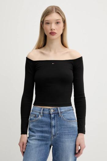 Tričko s dlhým rukávom Tommy Jeans čierna farba, odhalené ramená, DW0DW20919