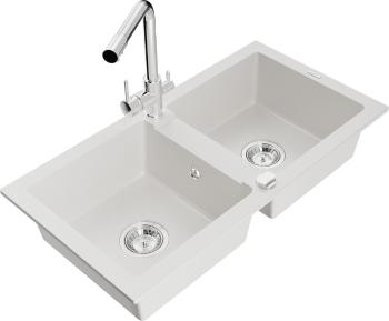 MEXEN/S MEXEN/S - Mario granitový drez 2-bowl vrátane batérie Duero, biela 6504-20-671600-00
