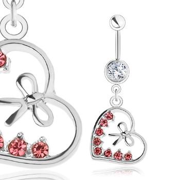 Piercing do bruška, oceľ 316L, kontúra srdiečka, mašľa, ružové zirkóny