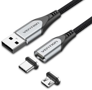 Adatkábel Vention 2-in-1 USB 2.0 to Micro + USB-C Male Magnetic Cable 1m Gray Aluminum Alloy Type