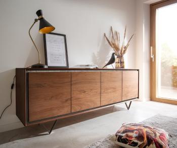 Komoda Stonegrace 200 cm akáciová hnedá kamenina 4 dvierka podstavec