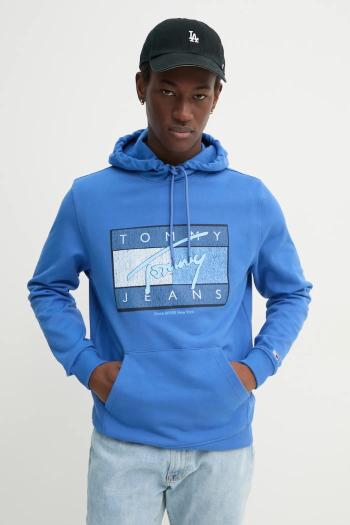 Bavlnená mikina Tommy Jeans pánska, fialová farba, s kapucňou, s potlačou, DM0DM21100