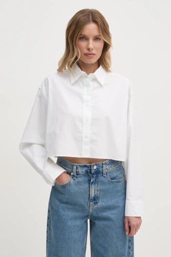 Bavlnená košeľa Calvin Klein Jeans dámska, béžová farba, voľný strih, s klasickým golierom, J20J225079