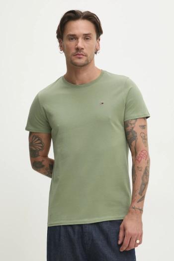Bavlnené tričko Tommy Jeans pánske, zelená farba, jednofarebné, DM0DM04411