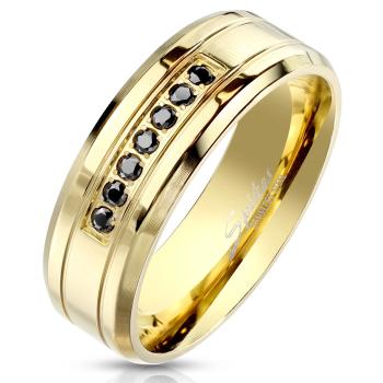 Oceľová obrúčka v zlatom farebnom prevedení - čierne zirkóny, lesklý povrch, 8 mm - Veľkosť: 62 mm