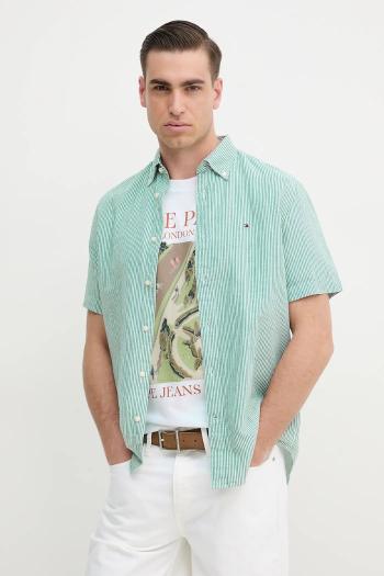 Košeľa s prímesou ľanu Tommy Hilfiger pánska, zelená farba, regular, s golierom button-down, MW0MW39155