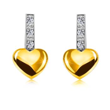Briliantové náušnice zo 14K kombinovaného zlata - pásik s diamantami, hladké srdce, puzetky