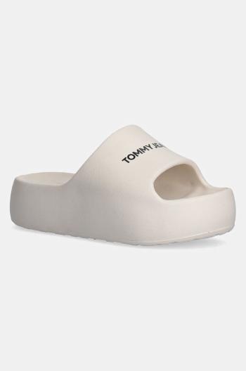 Šľapky Tommy Jeans TJW FLATFORM POOL SLIDE ESS dámske, béžová farba, na platforme, EN0EN02763