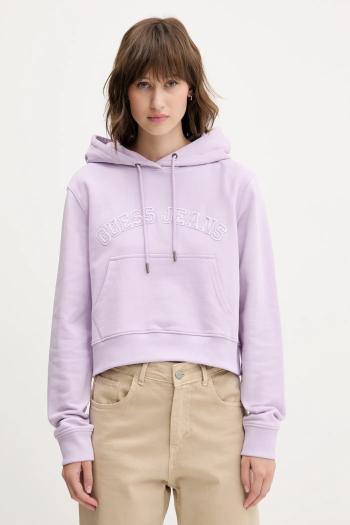 Bavlnená mikina Guess Jeans dámska, fialová farba, s kapucňou, s nášivkou, W5GQ22 K68I4