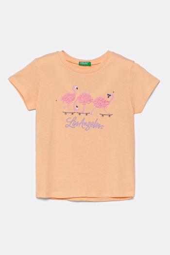 Detské bavlnené tričko United Colors of Benetton oranžová farba, 3I1XG10J1