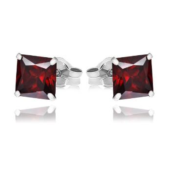 Strieborné náušnice 925 - červené štvorcové zirkóny, 7 mm, puzetky