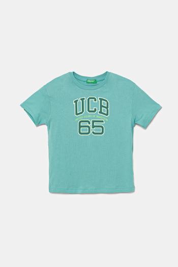 Detské bavlnené tričko United Colors of Benetton tyrkysová farba, s potlačou, 3I1XC10OO