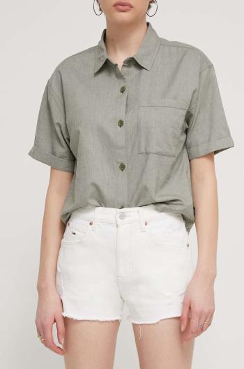 Rifľové krátke nohavice Tommy Jeans dámske,béžová farba,jednofarebné,vysoký pás,DW0DW17643