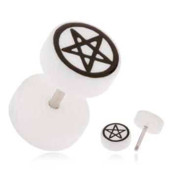 Akrylový fake plug do ucha, biela farba, pentagram