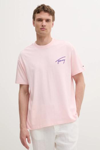 Bavlnené tričko Tommy Jeans pánske, ružová farba, s potlačou, DM0DM20768