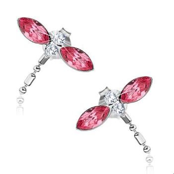 Strieborné náušnice 925, vážky, ružové krídla zo Swarovski krištáľov, visiaci chvost