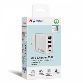 Verbatim Síťový adaptér 30W, 4 porty, 1x USB-C, 3x USB-A