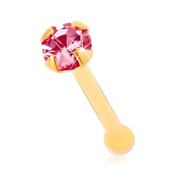 Zlatý 585 piercing do nosa, rovný - ligotavý zirkónik ružovej farby, 1,5 mm