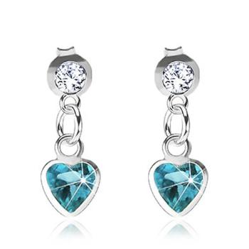 Strieborné náušnice 925, tyrkysové srdce, číry Swarovski krištáľ