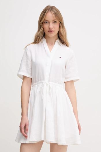 Ľanové šaty Tommy Hilfiger biela farba, mini, áčkový strih, WW0WW44672