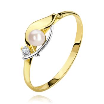 Diamantový prsteň zo 14K zlata, dvojfarebné vlnky, číry briliant a biela perla - Veľkosť: 52 mm