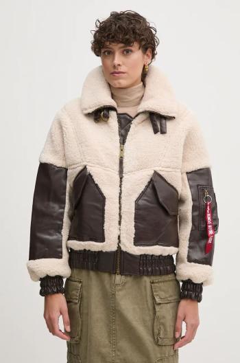 Bunda Alpha Industries Teddy PU Bomber dámska, béžová farba, prechodná, oversize, 148001