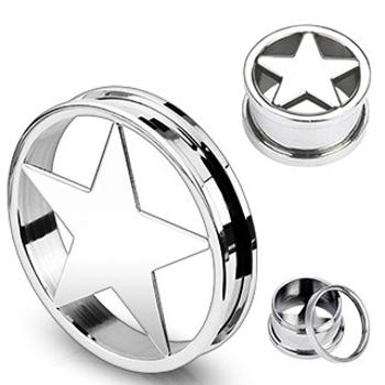 Oceľový plug do ucha s päťcípou hviezdou - Hrúbka: 6 mm 