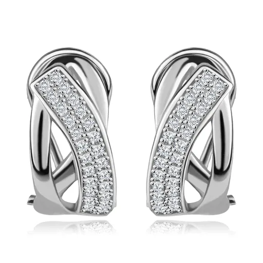 Strieborné náušnice s prepletaným motívom, vlnkou a čírymi zirkónmi