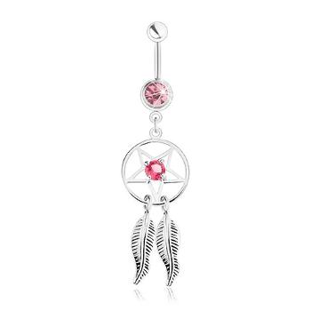 Piercing do pupku z ocele 316L, okrúhly lapač snov s ružovým zirkónom, pierka