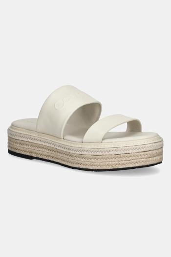 Kožené šľapky Calvin Klein FLATFORM WEDGE SLIDE - HE dámske, béžová farba, na platforme, HW0HW02374
