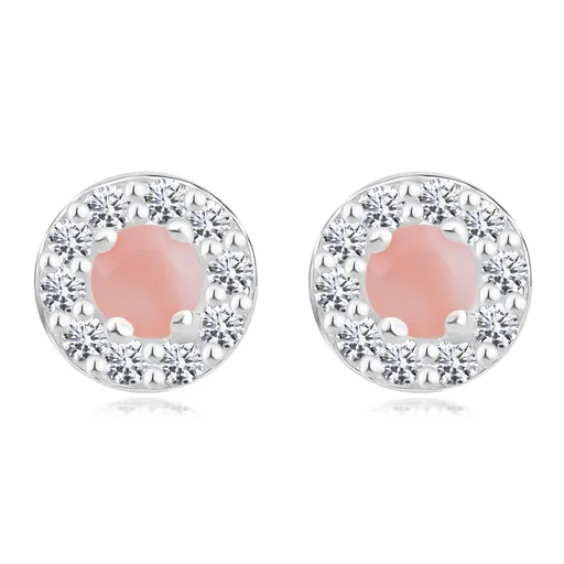 Strieborné 925 náušnice - ružový opál, okrúhla obruba s čírymi zirkónmi