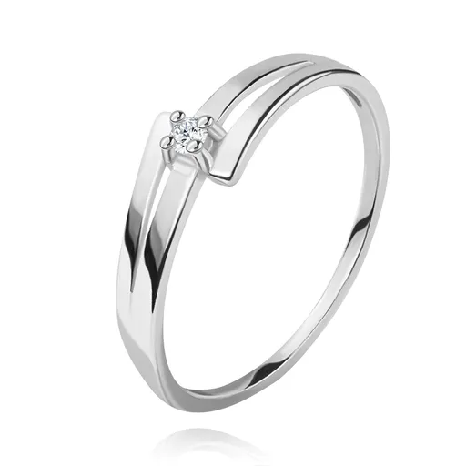 Briliantový prsteň v bielom 14K zlate - rozdelené lesklé ramená, číry diamant - Veľkosť: 49 mm