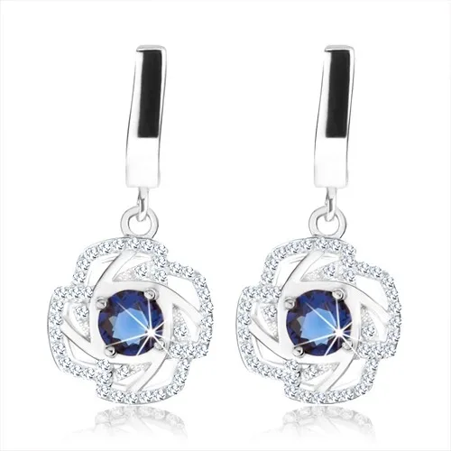 Strieborné náušnice 925, modrý zirkón, obrys kvetu, trblietavý lem